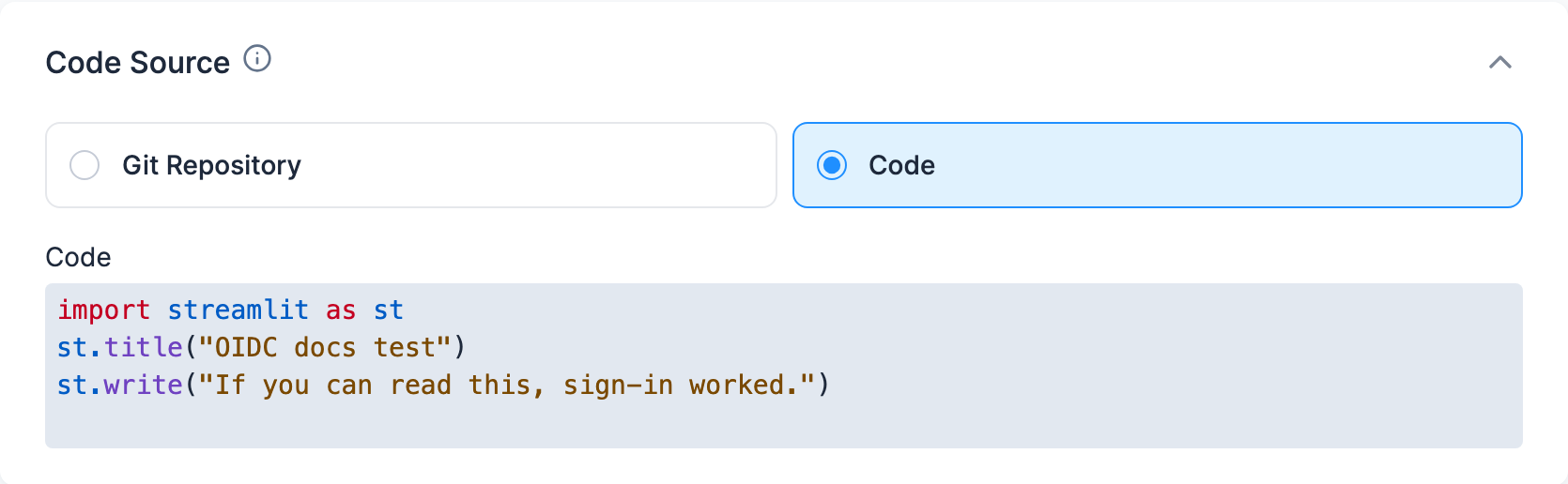 The Code Source card with Code selected: the Git Repository and Code options, and a preview of the app's code below them